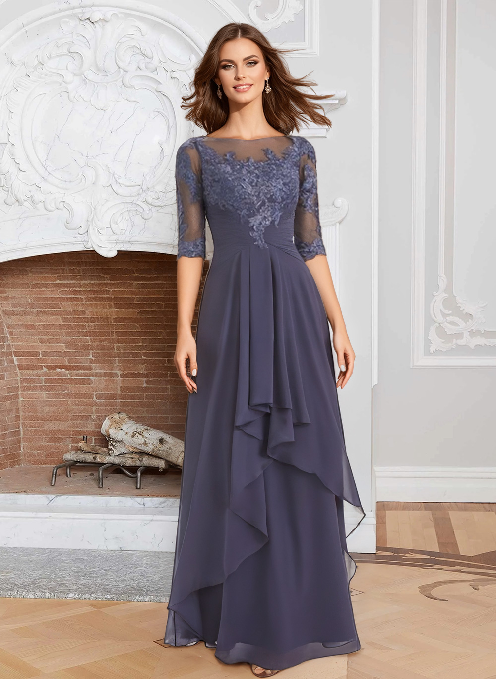 A-Line Illusion Neck 1/2 Sleeves Chiffon Mother Of The Bride Dresses With Cascading Ruffles