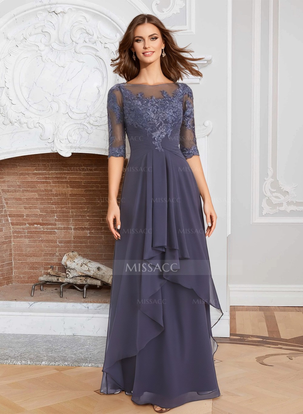 A-Line Illusion Neck 1/2 Sleeves Chiffon Mother Of The Bride Dresses With Cascading Ruffles
