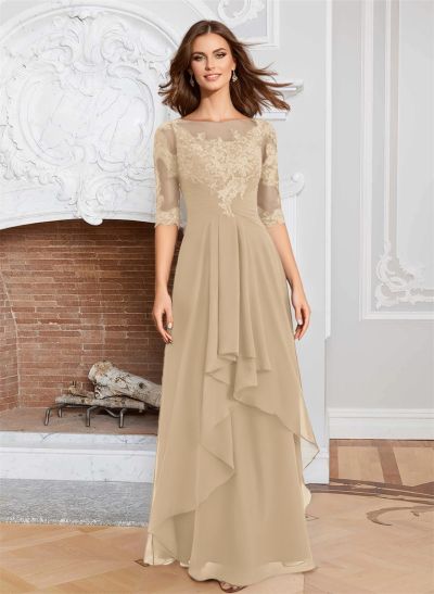 A-Line Illusion Neck 1/2 Sleeves Chiffon Mother Of The Bride Dresses With Cascading Ruffles