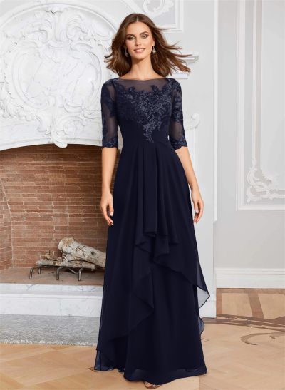 A-Line Illusion Neck 1/2 Sleeves Chiffon Mother Of The Bride Dresses With Cascading Ruffles