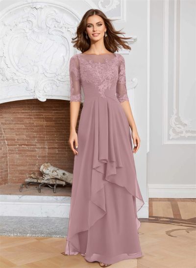 A-Line Illusion Neck 1/2 Sleeves Chiffon Mother Of The Bride Dresses With Cascading Ruffles