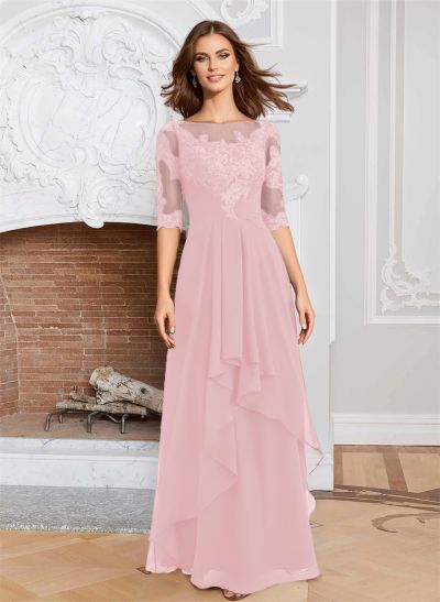 A-Line Illusion Neck 1/2 Sleeves Chiffon Mother Of The Bride Dresses With Cascading Ruffles
