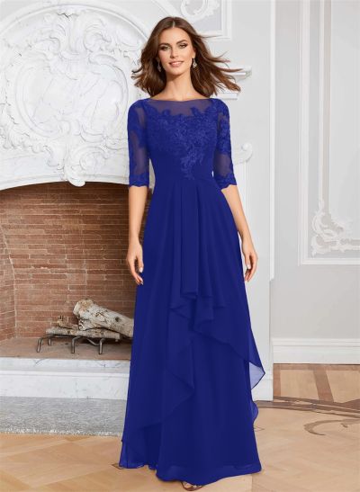 A-Line Illusion Neck 1/2 Sleeves Chiffon Mother Of The Bride Dresses With Cascading Ruffles