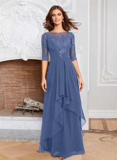 A-Line Illusion Neck 1/2 Sleeves Chiffon Mother Of The Bride Dresses With Cascading Ruffles