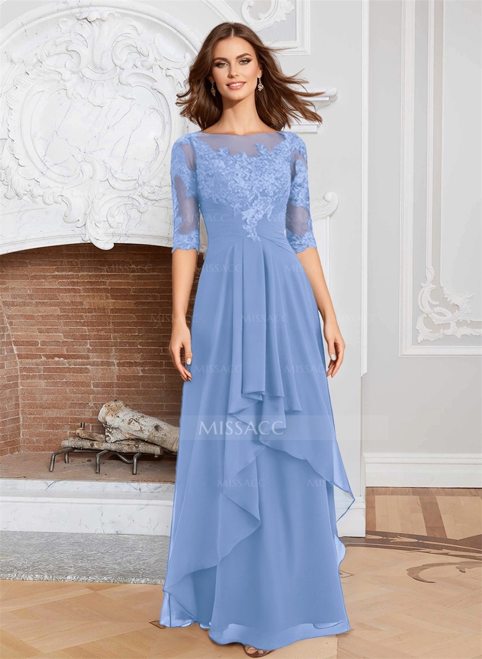 A-Line Illusion Neck 1/2 Sleeves Chiffon Mother Of The Bride A-Line Illusion Neck 1/2 Sleeves Chiffon Mother Of The Bride