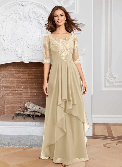 A-Line Illusion Neck 1/2 Sleeves Chiffon Mother Of The Bride Dresses With Cascading Ruffles