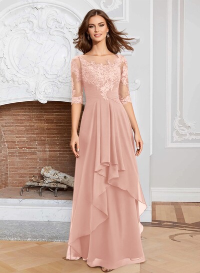 A-Line Illusion Neck 1/2 Sleeves Chiffon Mother Of The Bride Dresses With Cascading Ruffles