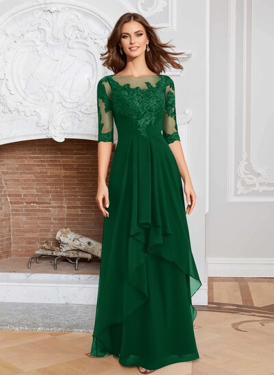 A-Line Illusion Neck 1/2 Sleeves Chiffon Mother Of The Bride Dresses With Cascading Ruffles