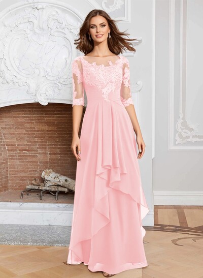 A-Line Illusion Neck 1/2 Sleeves Chiffon Mother Of The Bride Dresses With Cascading Ruffles