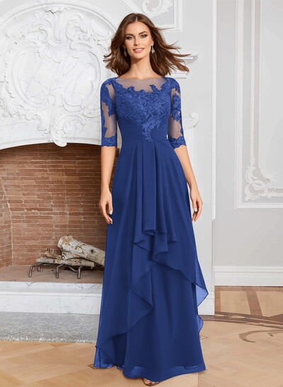 A-Line Illusion Neck 1/2 Sleeves Chiffon Mother Of The Bride Dresses With Cascading Ruffles