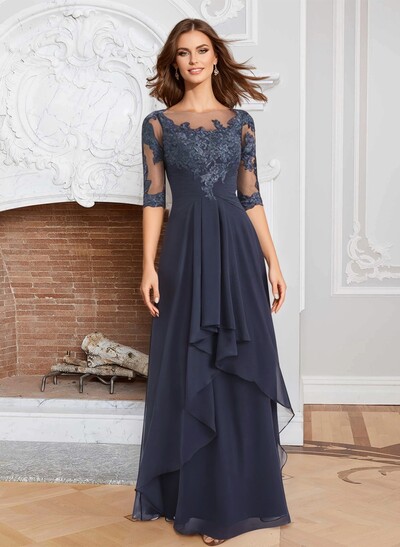 A-Line Illusion Neck 1/2 Sleeves Chiffon Mother Of The Bride Dresses With Cascading Ruffles