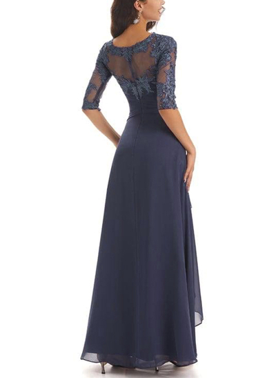 A-Line Illusion Neck 1/2 Sleeves Chiffon Mother Of The Bride Dresses With Cascading Ruffles