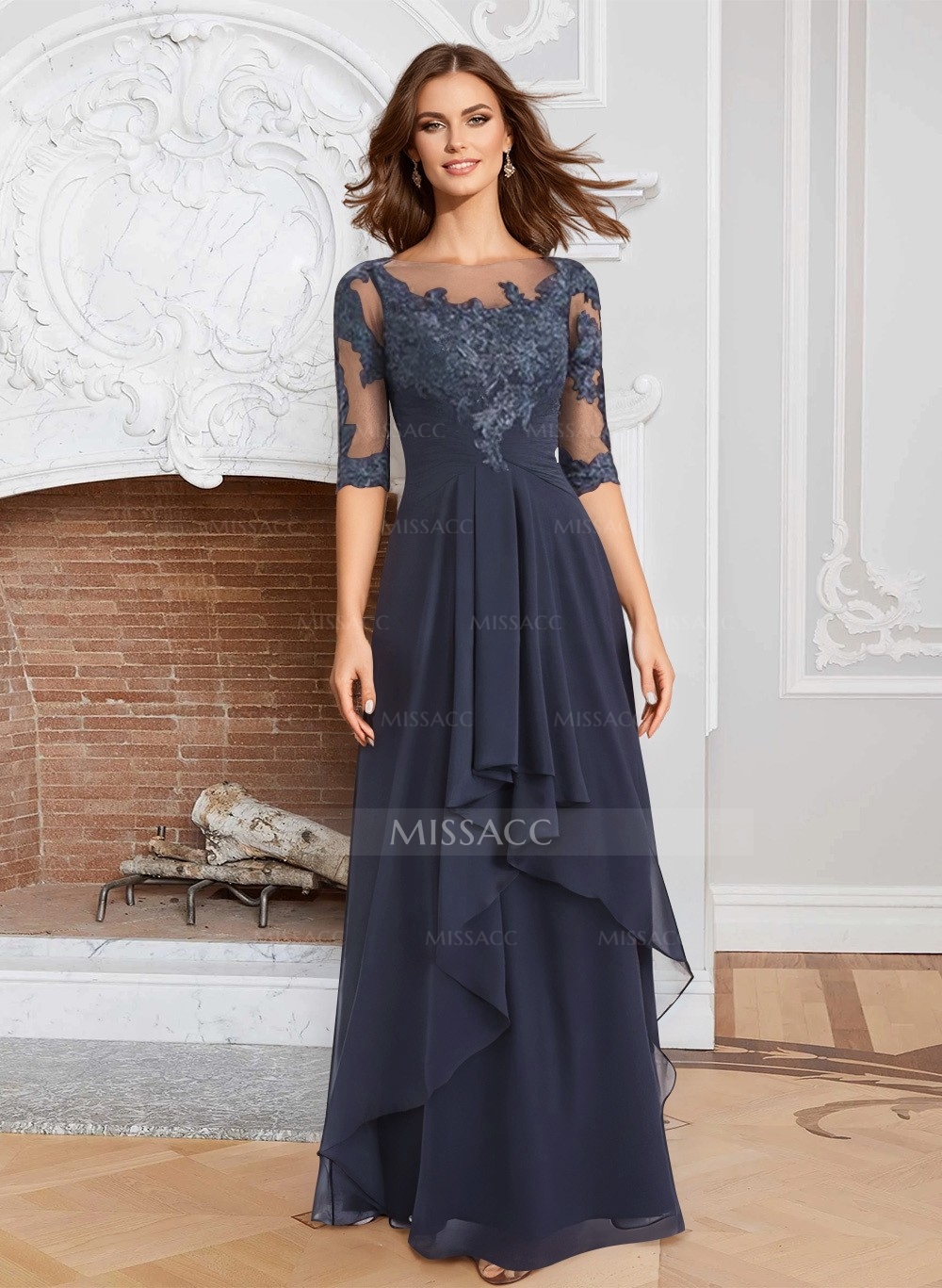 A-Line Illusion Neck 1/2 Sleeves Chiffon Mother Of The Bride Dresses With Cascading Ruffles