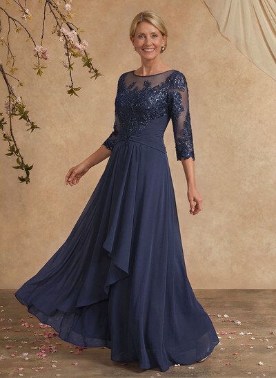 A-Line Illusion Neck 1/2 Sleeves Chiffon Mother Of The Bride Dresses With Cascading Ruffles