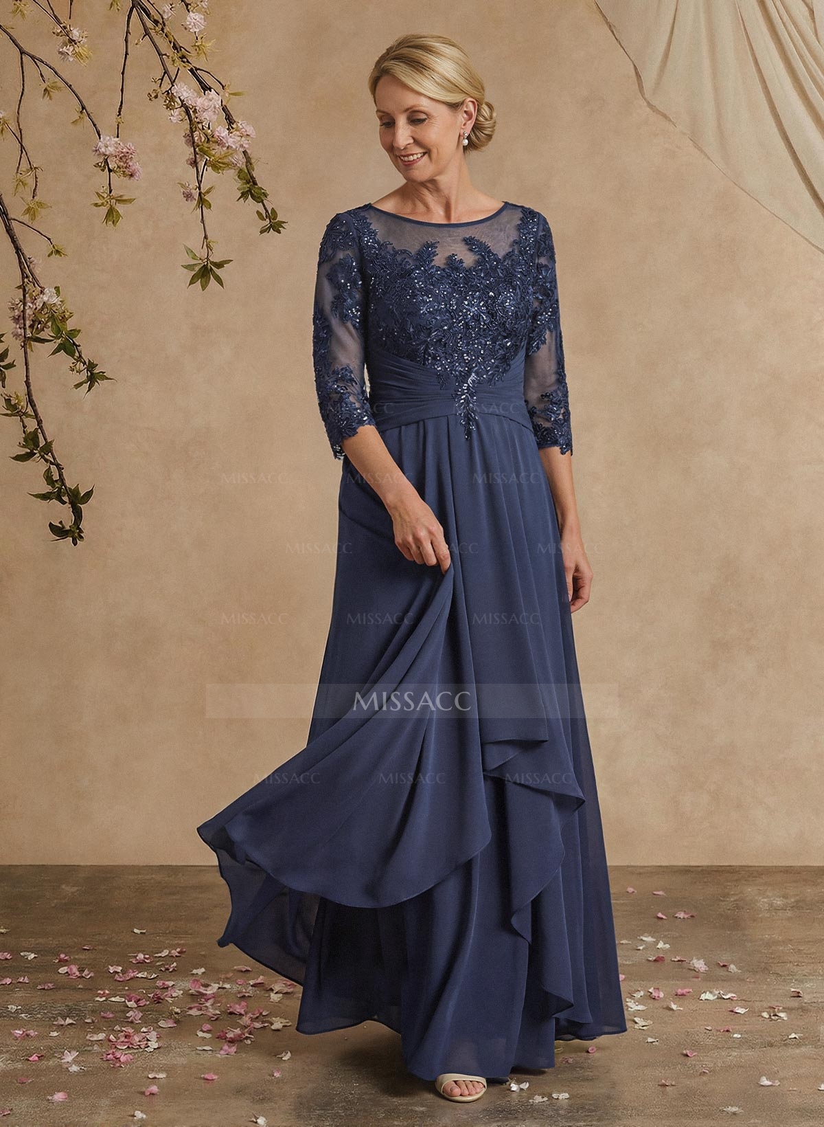 A-Line Illusion Neck 1/2 Sleeves Chiffon Mother Of The Bride Dresses With Cascading Ruffles