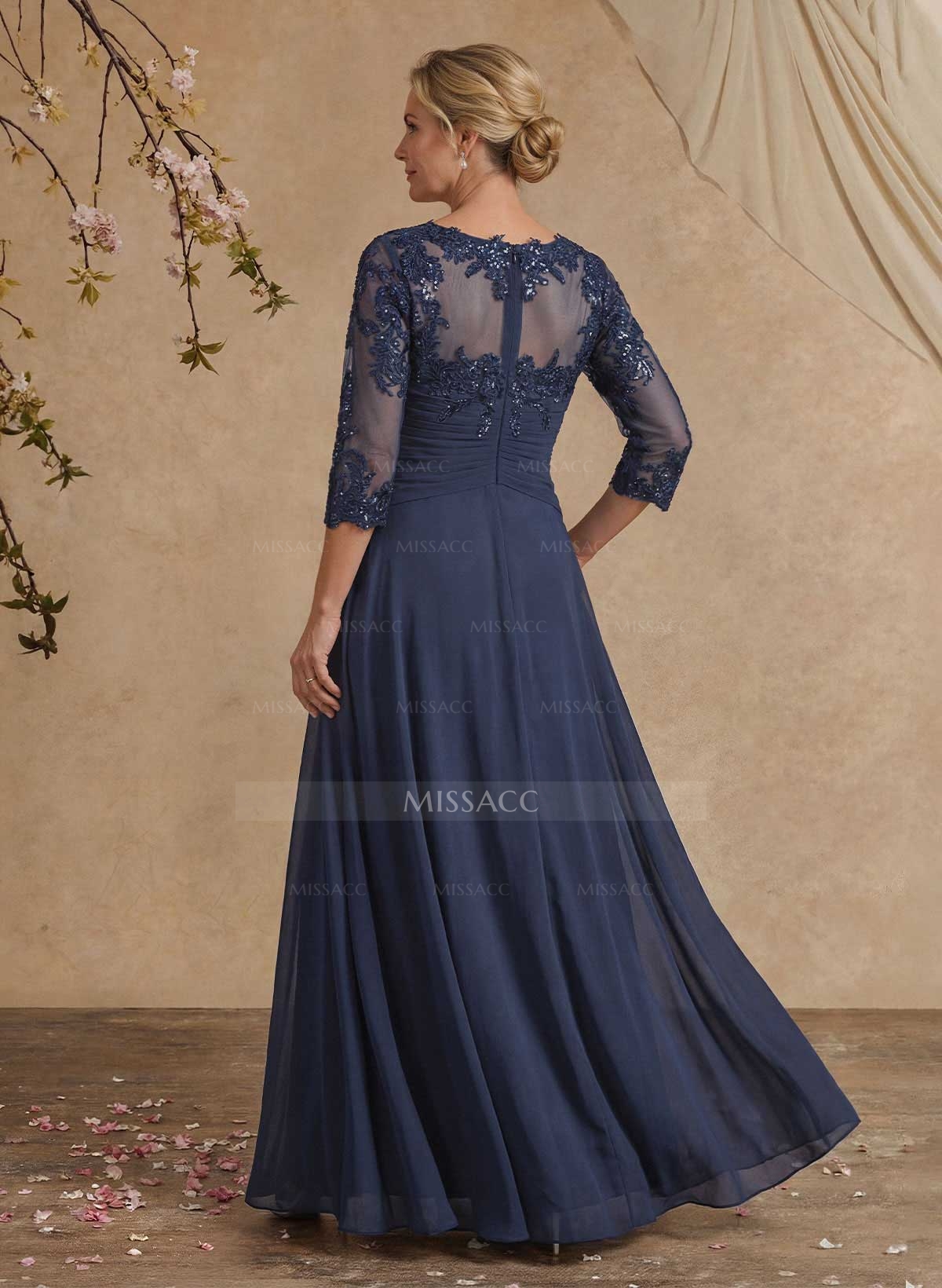 A-Line Illusion Neck 1/2 Sleeves Chiffon Mother Of The Bride Dresses With Cascading Ruffles