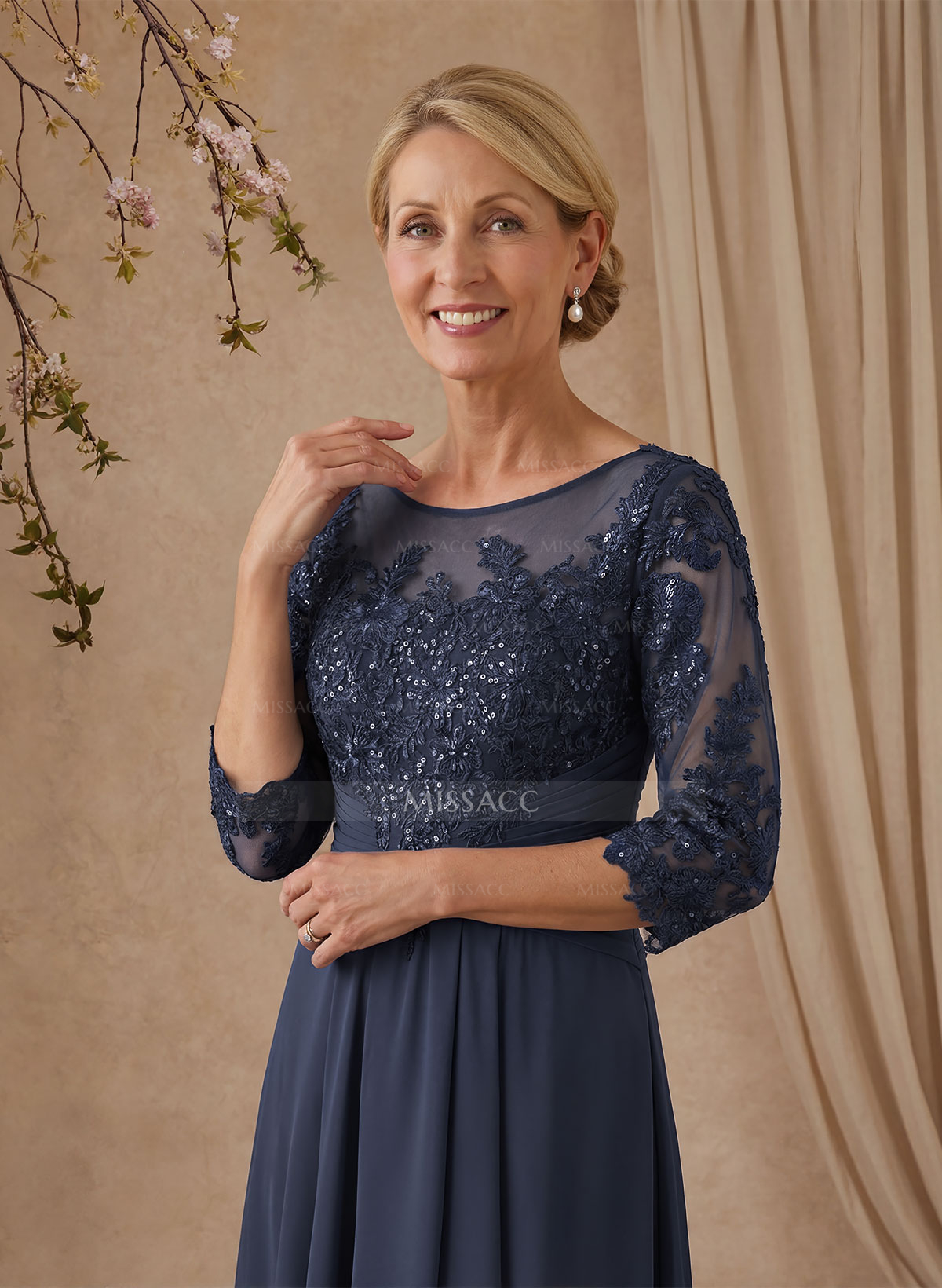 A-Line Illusion Neck 1/2 Sleeves Chiffon Mother Of The Bride Dresses With Cascading Ruffles