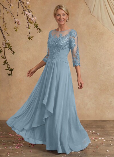 A-Line Illusion Neck 1/2 Sleeves Chiffon Mother Of The Bride Dresses With Cascading Ruffles