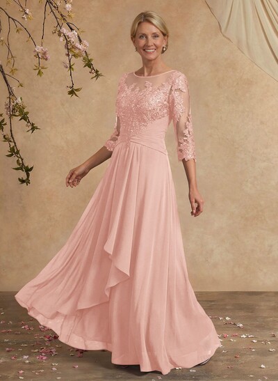 A-Line Illusion Neck 1/2 Sleeves Chiffon Mother Of The Bride Dresses With Cascading Ruffles