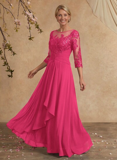 A-Line Illusion Neck 1/2 Sleeves Chiffon Mother Of The Bride Dresses With Cascading Ruffles