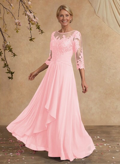 A-Line Illusion Neck 1/2 Sleeves Chiffon Mother Of The Bride Dresses With Cascading Ruffles