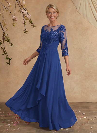 A-Line Illusion Neck 1/2 Sleeves Chiffon Mother Of The Bride Dresses With Cascading Ruffles