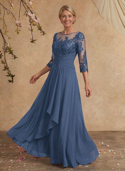 A-Line Illusion Neck 1/2 Sleeves Chiffon Mother Of The Bride Dresses With Cascading Ruffles