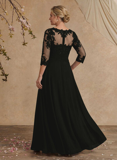 A-Line Illusion Neck 1/2 Sleeves Chiffon Mother Of The Bride Dresses With Cascading Ruffles