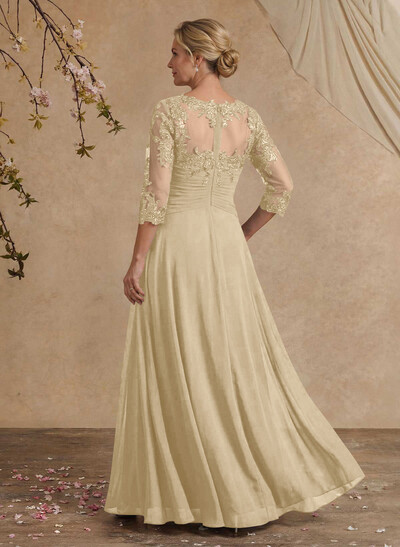 A-Line Illusion Neck 1/2 Sleeves Chiffon Mother Of The Bride Dresses With Cascading Ruffles