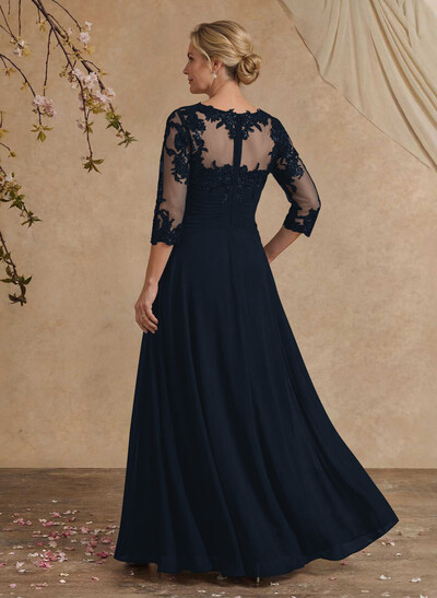 A-Line Illusion Neck 1/2 Sleeves Chiffon Mother Of The Bride Dresses With Cascading Ruffles