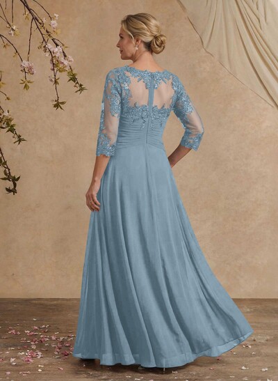 A-Line Illusion Neck 1/2 Sleeves Chiffon Mother Of The Bride Dresses With Cascading Ruffles