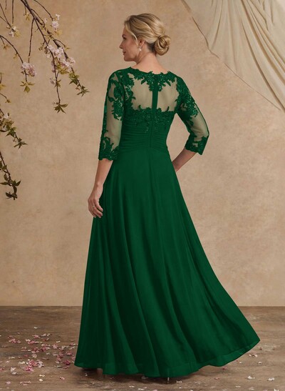 A-Line Illusion Neck 1/2 Sleeves Chiffon Mother Of The Bride Dresses With Cascading Ruffles