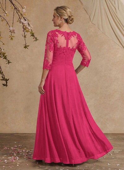 A-Line Illusion Neck 1/2 Sleeves Chiffon Mother Of The Bride Dresses With Cascading Ruffles