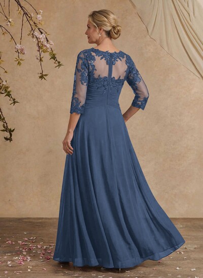 A-Line Illusion Neck 1/2 Sleeves Chiffon Mother Of The Bride Dresses With Cascading Ruffles