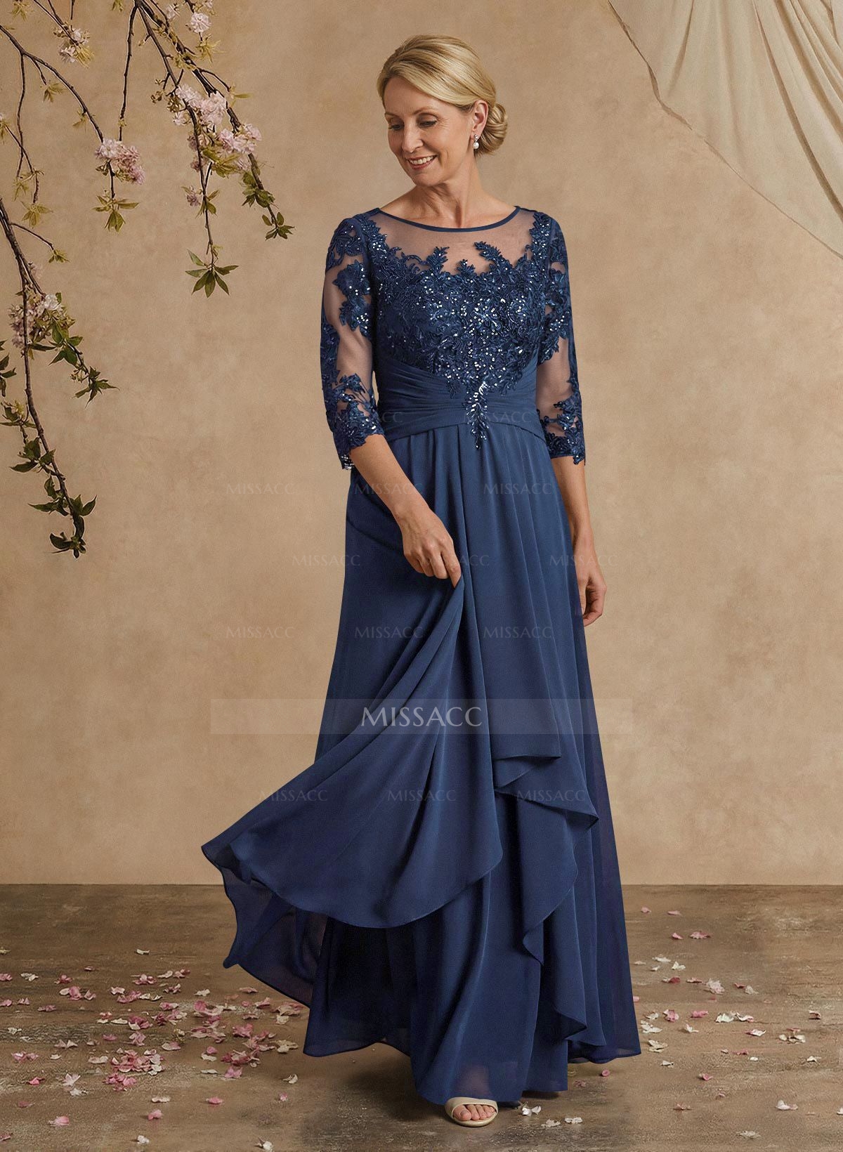 A-Line Illusion Neck 1/2 Sleeves Chiffon Mother Of The Bride Dresses With Cascading Ruffles