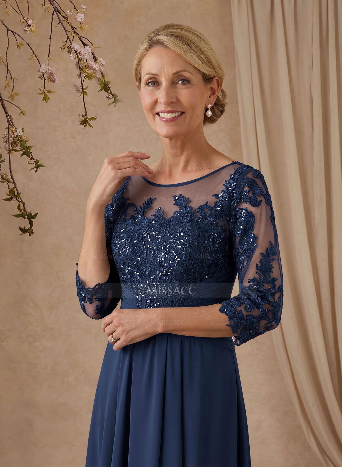 A-Line Illusion Neck 1/2 Sleeves Chiffon Mother Of The Bride Dresses With Cascading Ruffles