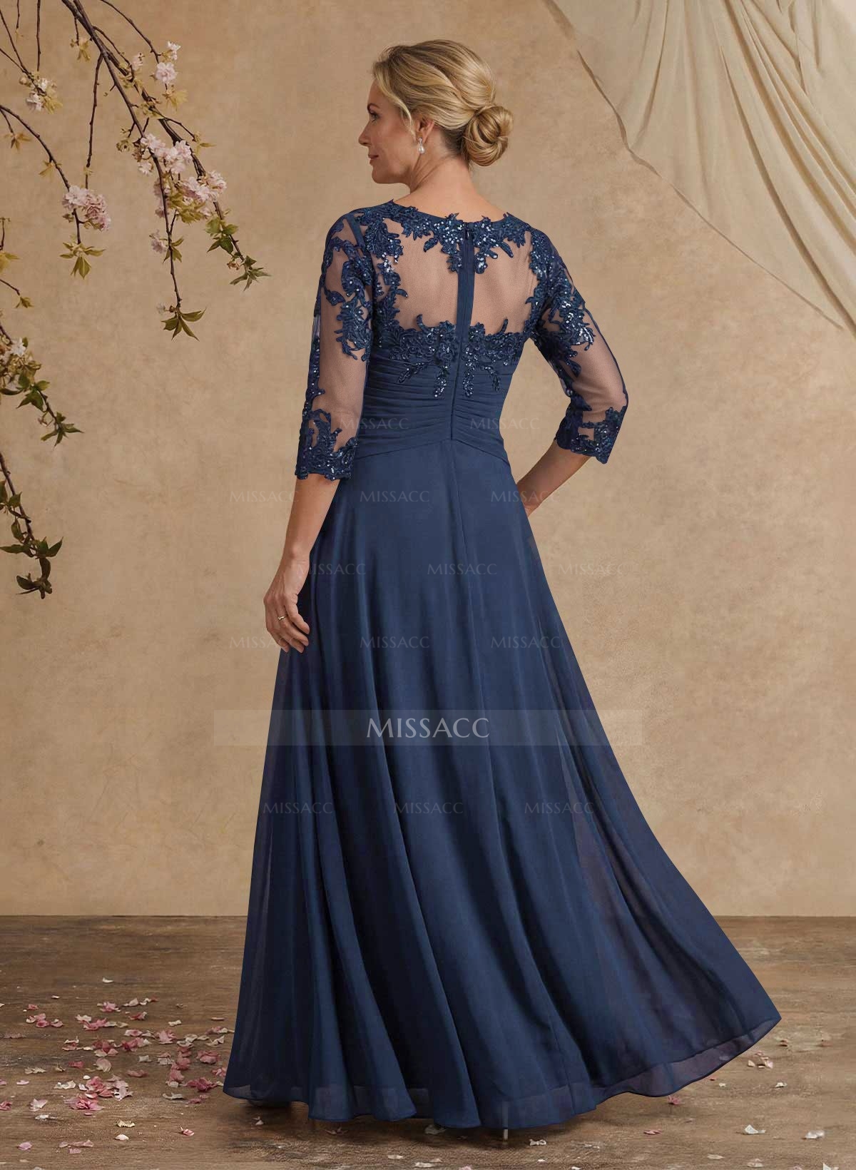 A-Line Illusion Neck 1/2 Sleeves Chiffon Mother Of The Bride Dresses With Cascading Ruffles