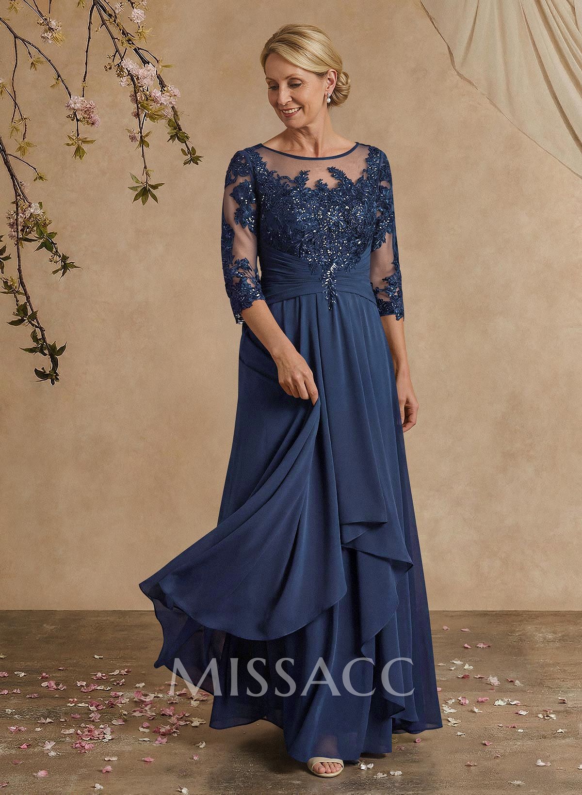 A-Line Illusion Neck 1/2 Sleeves Chiffon Mother Of The Bride Dresses With Cascading Ruffles