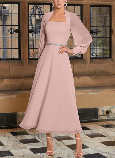 A-Line Square Neckline Long Sleeves Chiffon Mother Of The Bride Dresses With Sash