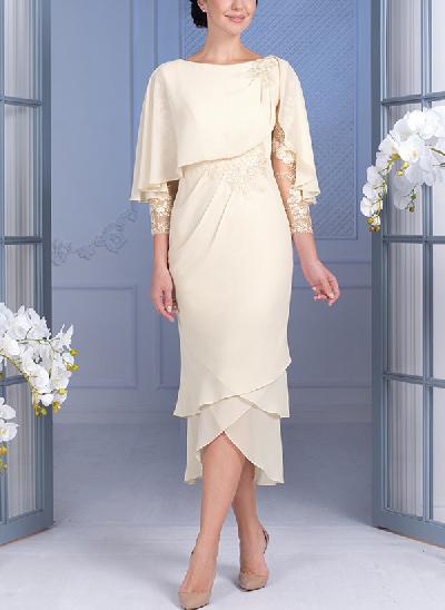 Sheath/Column 3/4 Sleeves Chiffon Cocktail Dresses With Appliques Lace
