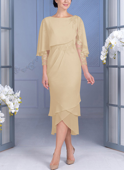 Sheath/Column 3/4 Sleeves Chiffon Mother Of The Bride Dresses With Appliques Lace