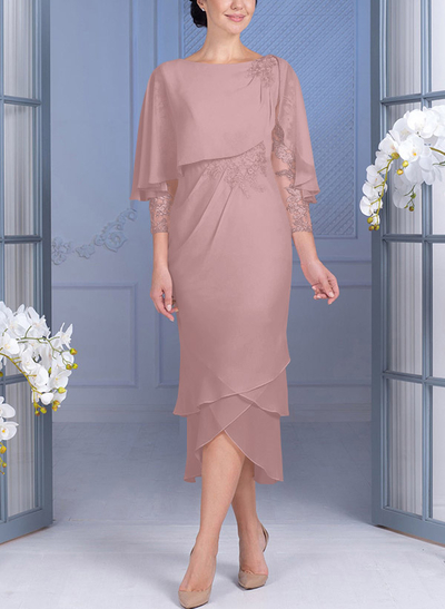 Sheath/Column 3/4 Sleeves Chiffon Mother Of The Bride Dresses With Appliques Lace