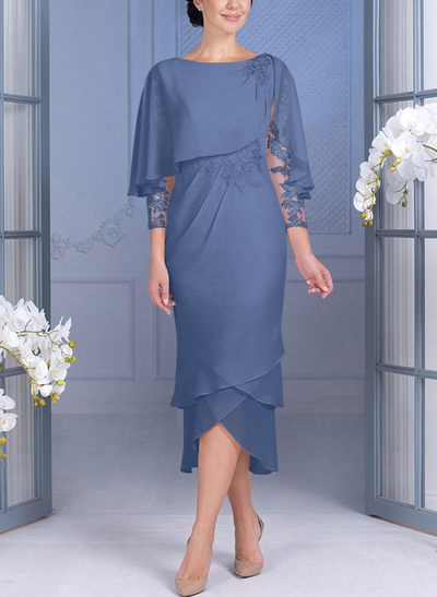 Sheath/Column 3/4 Sleeves Chiffon Mother Of The Bride Dresses With Appliques Lace