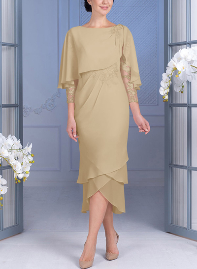 Sheath/Column 3/4 Sleeves Chiffon Mother Of The Bride Dresses With Appliques Lace