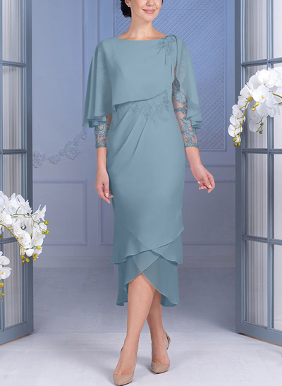 Sheath/Column 3/4 Sleeves Chiffon Mother Of The Bride Dresses With Appliques Lace