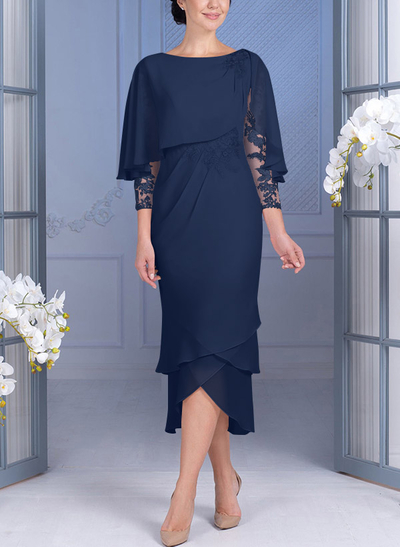 Sheath/Column 3/4 Sleeves Chiffon Mother Of The Bride Dresses With Appliques Lace