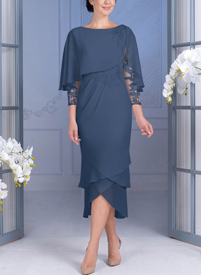 Sheath/Column 3/4 Sleeves Chiffon Mother Of The Bride Dresses With Appliques Lace