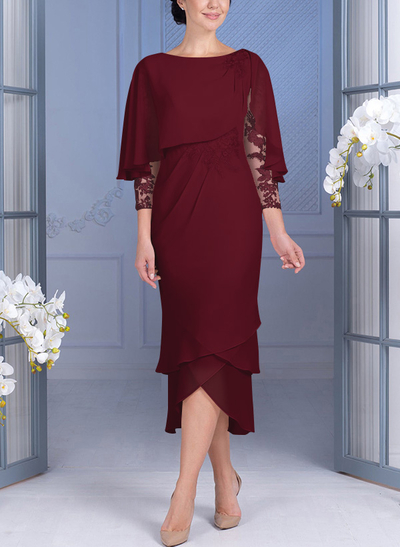 Sheath/Column 3/4 Sleeves Chiffon Mother Of The Bride Dresses With Appliques Lace