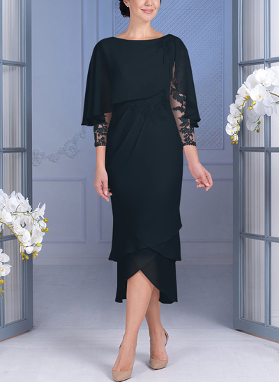 Sheath/Column 3/4 Sleeves Chiffon Mother Of The Bride Dresses With Appliques Lace