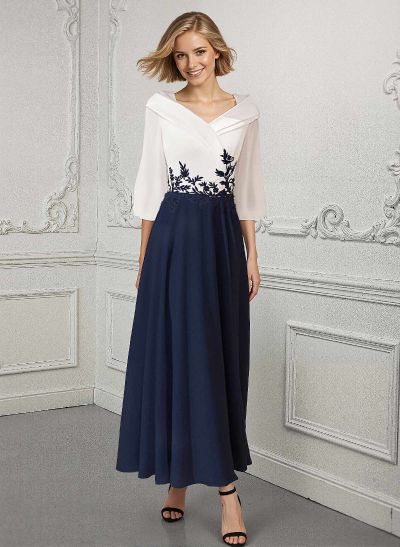 A-Line V-Neck 3/4 Sleeves Chiffon Mother Of The Bride Dresses With Appliques Lace